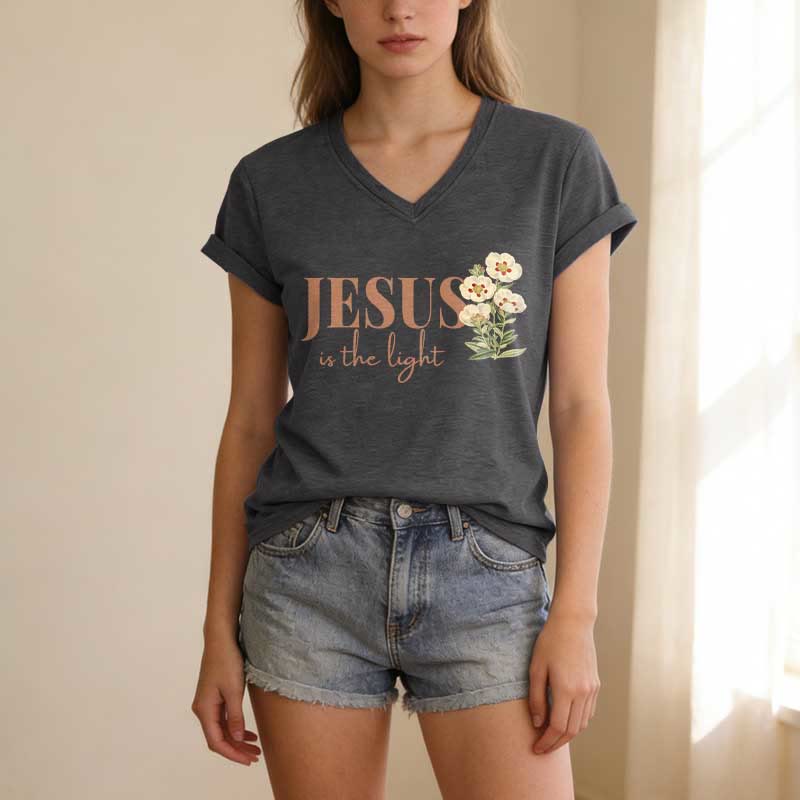 Christianartworkshop Jesus Is The Light Floral Casual V-Ausschnitt T-Shirt - image 23