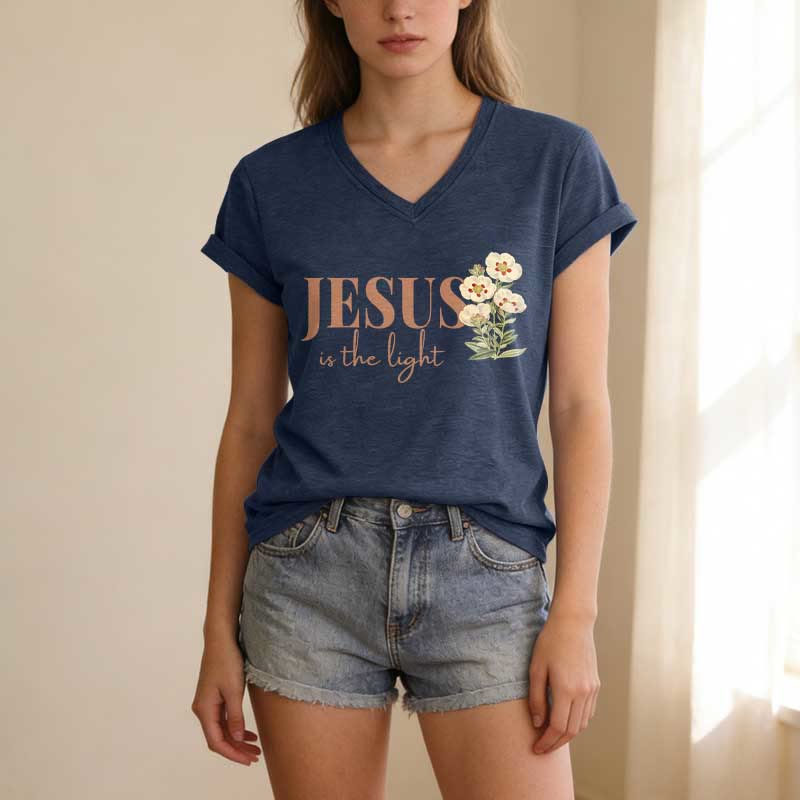 Christianartworkshop Jesus Is The Light Floral Casual V-Ausschnitt T-Shirt - image 21