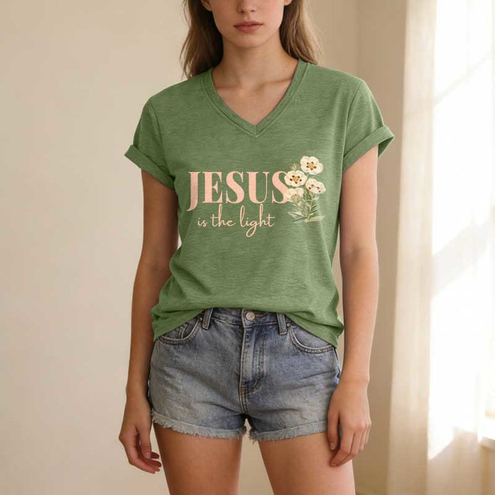 Christianartworkshop Jesus Is The Light Floral Casual V-Ausschnitt T-Shirt - image 3