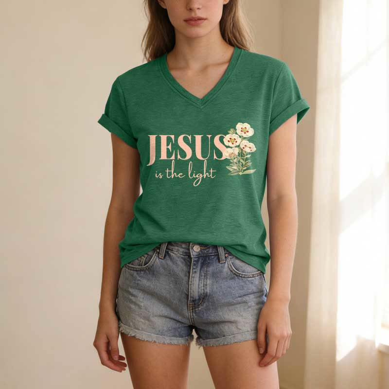 Christianartworkshop Jesus Is The Light Floral Casual V-Ausschnitt T-Shirt - image 17