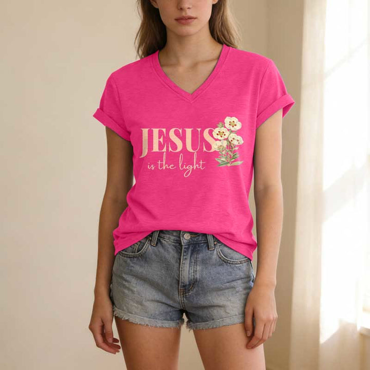 Christianartworkshop Jesus Is The Light Floral Casual V-Ausschnitt T-Shirt - image 1