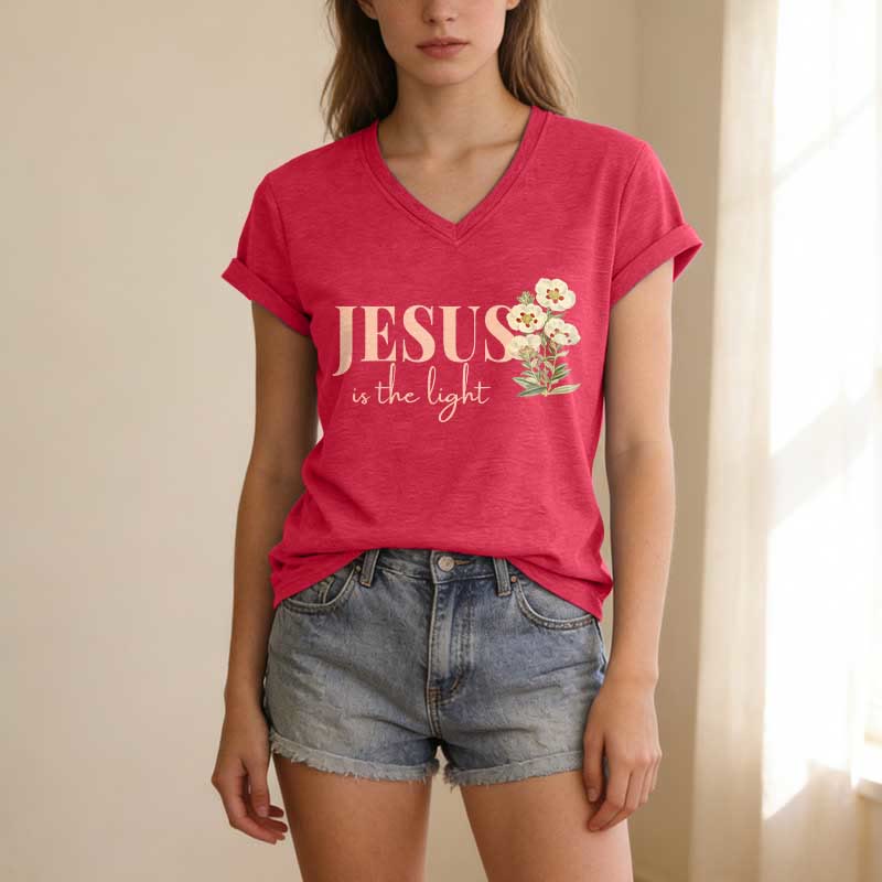 Christianartworkshop Jesus Is The Light Floral Casual V-Ausschnitt T-Shirt - image 25
