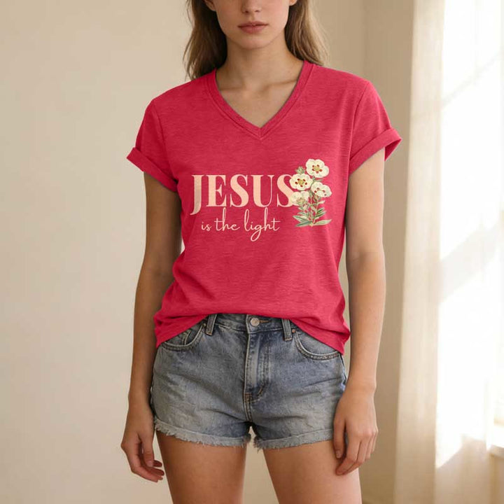 Christianartworkshop Jesus Is The Light Floral Casual V-Ausschnitt T-Shirt - image 25