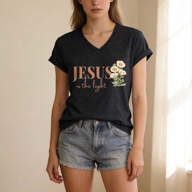 Christianartworkshop Jesus Is The Light Floral Casual V-Ausschnitt T-Shirt - image 15