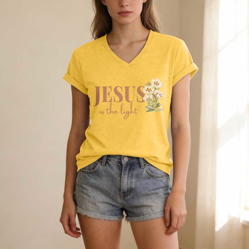 Christianartworkshop Jesus Is The Light Floral Casual V-Ausschnitt T-Shirt - image 9