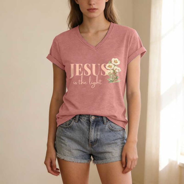 Christianartworkshop Jesus Is The Light Floral Casual V-Ausschnitt T-Shirt - image 13
