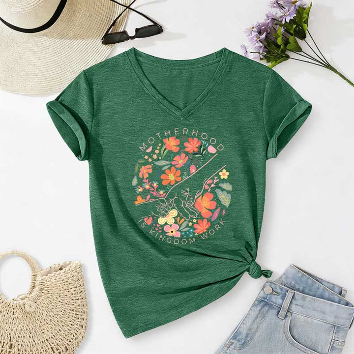 Christianartworkshop Mutterschaft ist Königreich – Arbeitsblumenmuster, handgefertigt, lässiges V-Ausschnitt-T-Shirt - Dunkelgrün - 2XL - image 14
