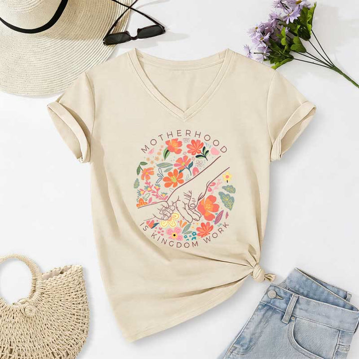 Christianartworkshop Mutterschaft ist Königreich – Arbeitsblumenmuster, handgefertigt, lässiges V-Ausschnitt-T-Shirt - Beige - 2XL - image 4