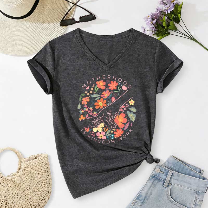 Christianartworkshop Mutterschaft ist Königreich – Arbeitsblumenmuster, handgefertigt, lässiges V-Ausschnitt-T-Shirt - Dunkelgrau - 2XL - image 20
