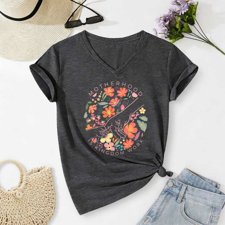 Christianartworkshop Mutterschaft ist Königreich – Arbeitsblumenmuster, handgefertigt, lässiges V-Ausschnitt-T-Shirt - Dunkelgrau - 2XL - image 20