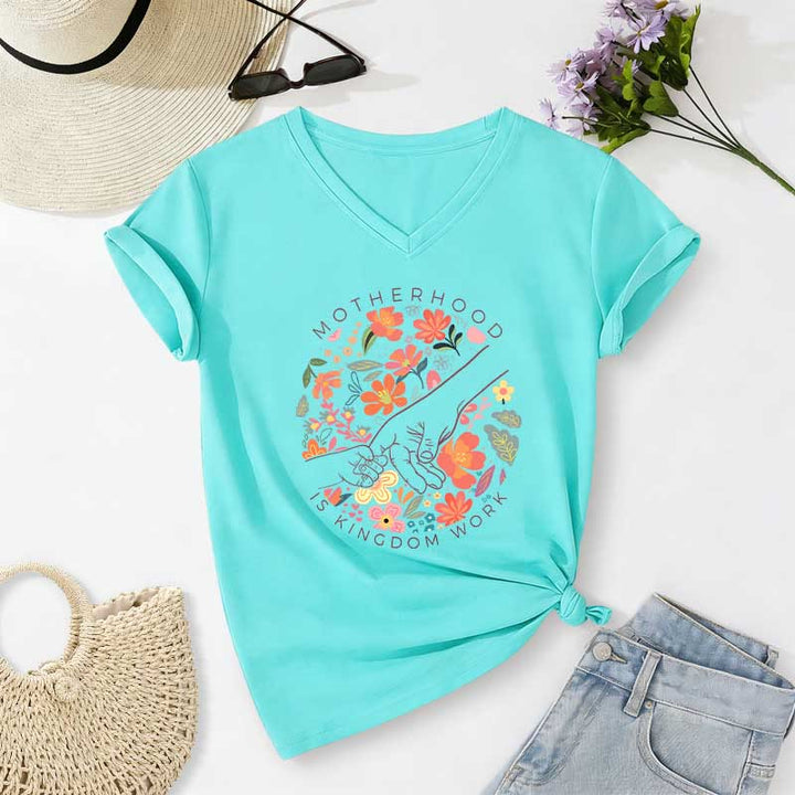 Christianartworkshop Mutterschaft ist Königreich – Arbeitsblumenmuster, handgefertigt, lässiges V-Ausschnitt-T-Shirt - Himmelblau - 2XL - image 8