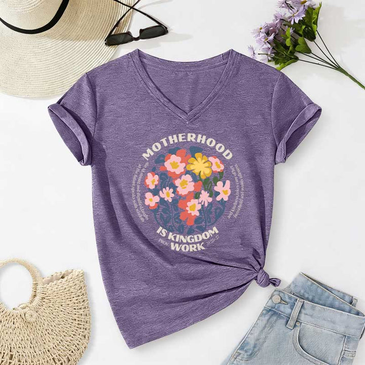 Christianartworkshop Boho Floral Motherhood Is Kingdom Work Casual V-Neck T-Shirt - Lila - 2XL - image 16
