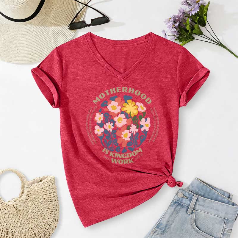 Christianartworkshop Boho Floral Motherhood Is Kingdom Work Casual V-Neck T-Shirt - Rot - 2XL - image 22