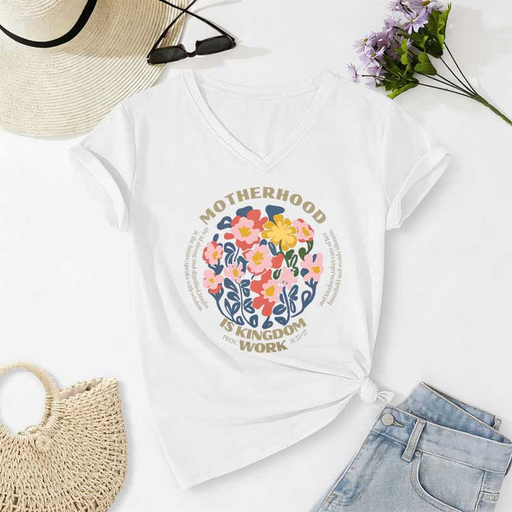 Christianartworkshop Boho Floral Motherhood Is Kingdom Work Casual V-Neck T-Shirt - Weiß - 2XL - image 4