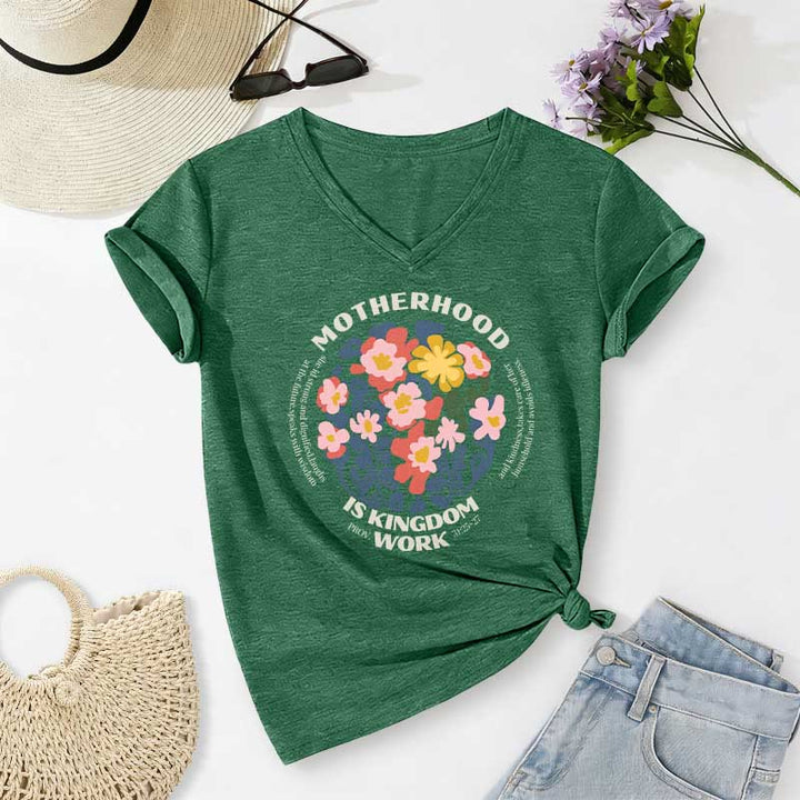 Christianartworkshop Boho Floral Motherhood Is Kingdom Work Casual V-Neck T-Shirt - Dunkelgrün - 2XL - image 0