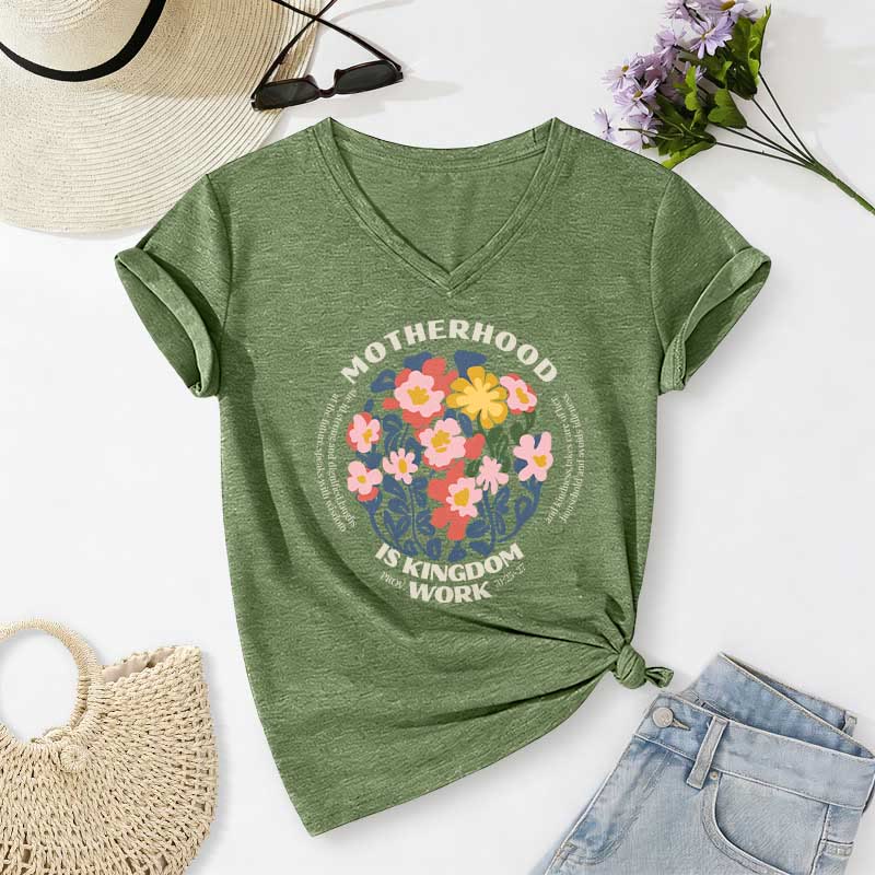 Christianartworkshop Boho Floral Motherhood Is Kingdom Work Casual V-Neck T-Shirt - Olivgrün - 2XL - image 2