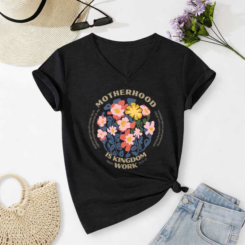 Christianartworkshop Boho Floral Motherhood Is Kingdom Work Casual V-Neck T-Shirt - Schwarz - 2XL - image 14
