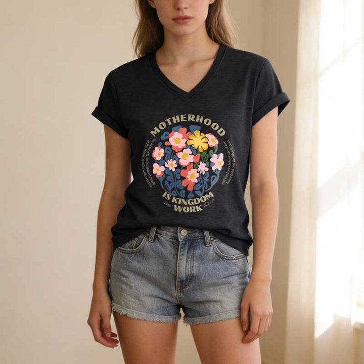 Christianartworkshop Boho Floral Motherhood Is Kingdom Work Casual V-Neck T-Shirt - image 15