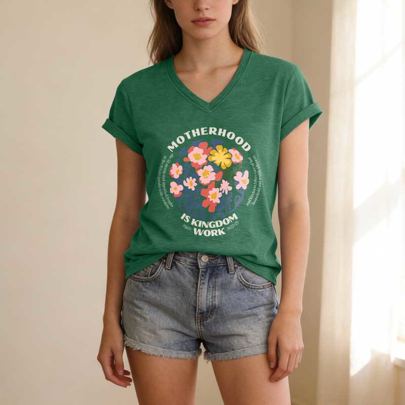 Christianartworkshop Boho Floral Motherhood Is Kingdom Work Casual V-Neck T-Shirt - image 1