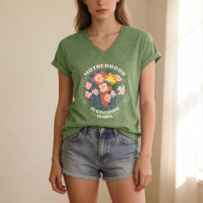 Christianartworkshop Boho Floral Motherhood Is Kingdom Work Casual V-Neck T-Shirt - image 3