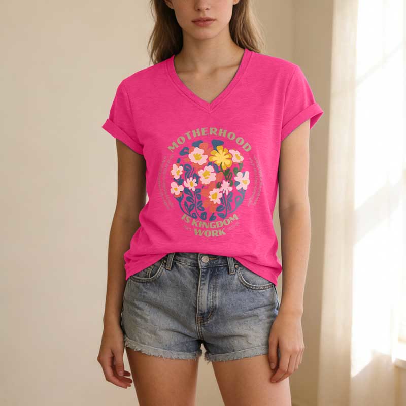 Christianartworkshop Boho Floral Motherhood Is Kingdom Work Casual V-Neck T-Shirt - image 25