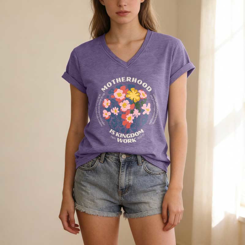Christianartworkshop Boho Floral Motherhood Is Kingdom Work Casual V-Neck T-Shirt - image 17