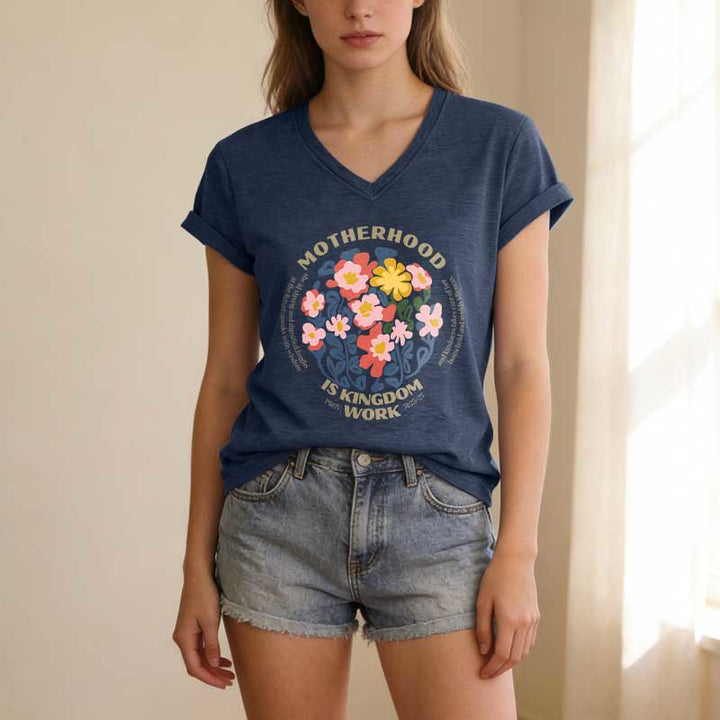 Christianartworkshop Boho Floral Motherhood Is Kingdom Work Casual V-Neck T-Shirt - image 19