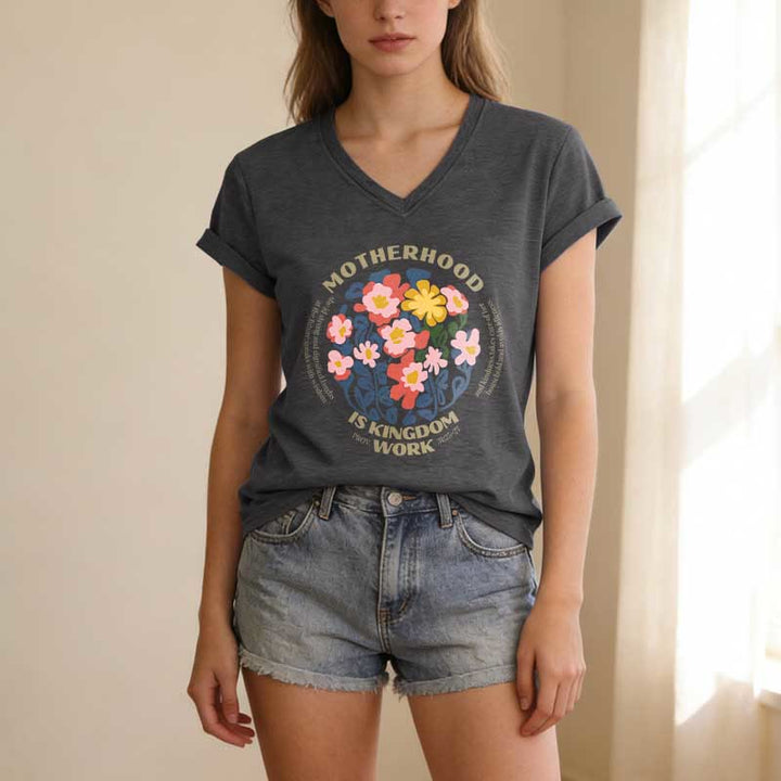 Christianartworkshop Boho Floral Motherhood Is Kingdom Work Casual V-Neck T-Shirt - image 21