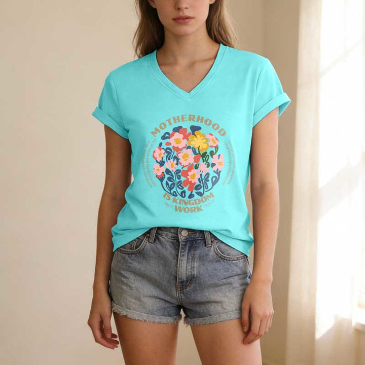Christianartworkshop Boho Floral Motherhood Is Kingdom Work Casual V-Neck T-Shirt - image 11