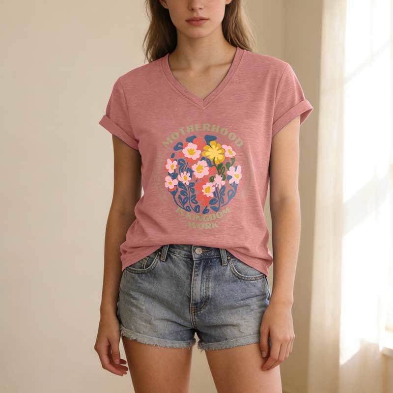 Christianartworkshop Boho Floral Motherhood Is Kingdom Work Casual V-Neck T-Shirt - image 13