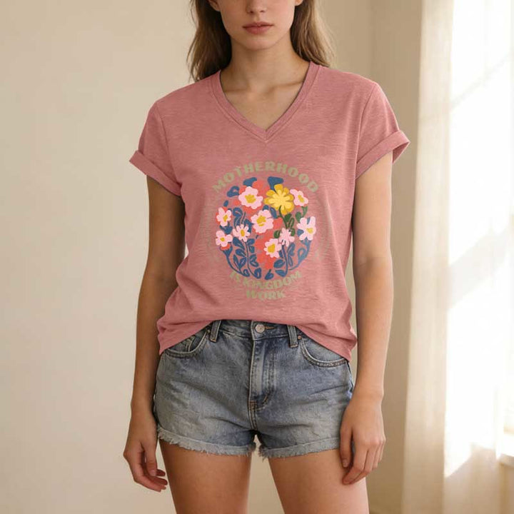 Christianartworkshop Boho Floral Motherhood Is Kingdom Work Casual V-Neck T-Shirt - image 13