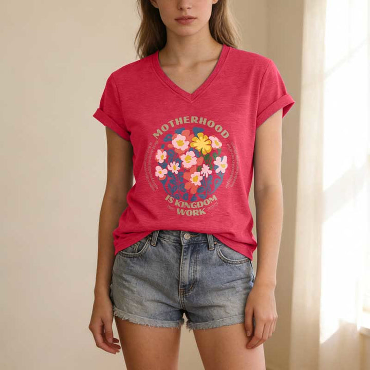 Christianartworkshop Boho Floral Motherhood Is Kingdom Work Casual V-Neck T-Shirt - image 23