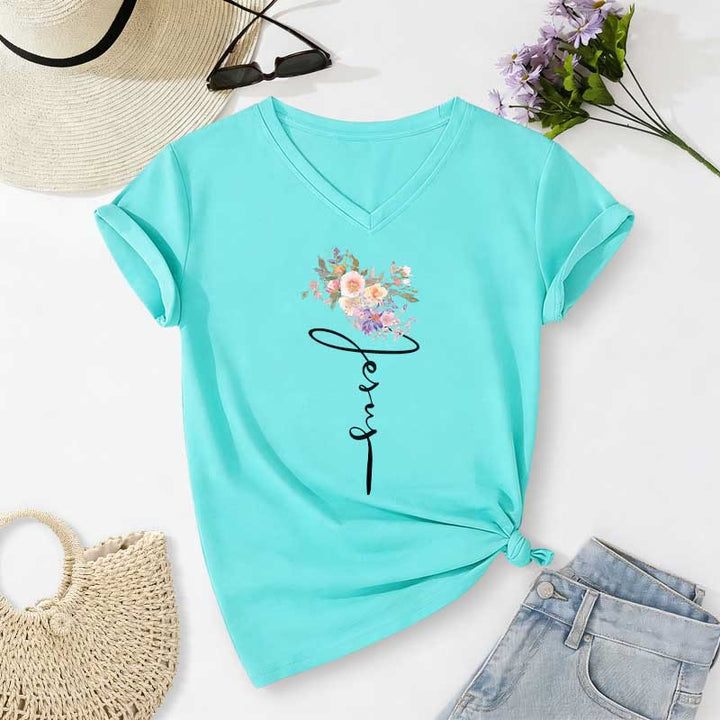 Christianartworkshop Jesus-T-Shirt mit kursivem Blumenmuster und V-Ausschnitt - Himmelblau - 2XL - image 8