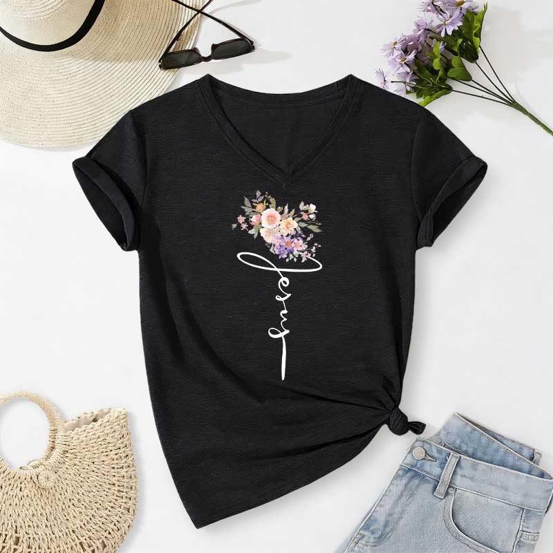 Christianartworkshop Jesus-T-Shirt mit kursivem Blumenmuster und V-Ausschnitt - Schwarz - 2XL - image 12