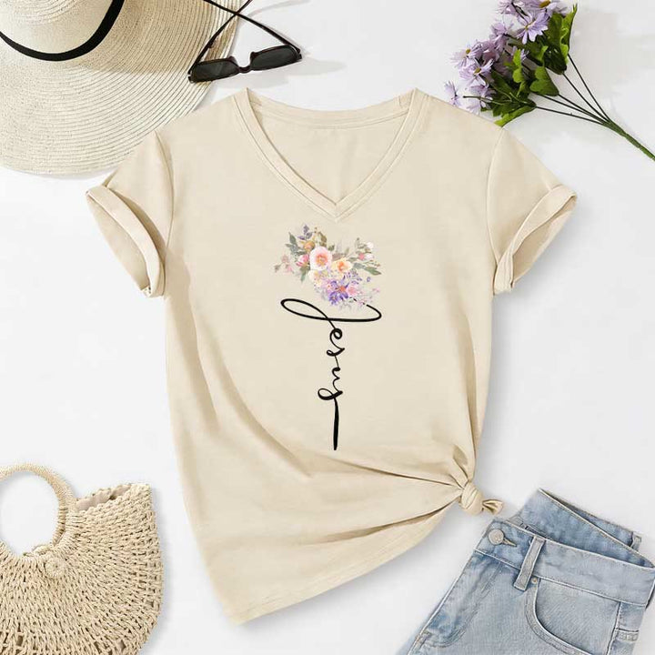 Christianartworkshop Jesus-T-Shirt mit kursivem Blumenmuster und V-Ausschnitt - Beige - 2XL - image 4