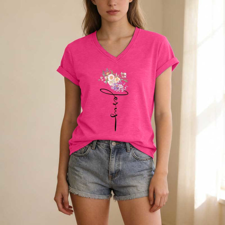 Christianartworkshop Jesus-T-Shirt mit kursivem Blumenmuster und V-Ausschnitt - image 25