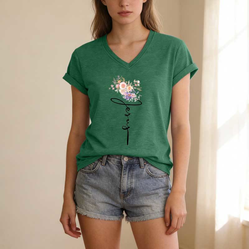 Christianartworkshop Jesus-T-Shirt mit kursivem Blumenmuster und V-Ausschnitt - image 15