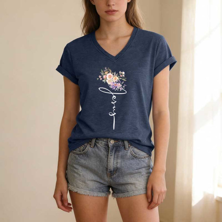 Christianartworkshop Jesus-T-Shirt mit kursivem Blumenmuster und V-Ausschnitt - image 19