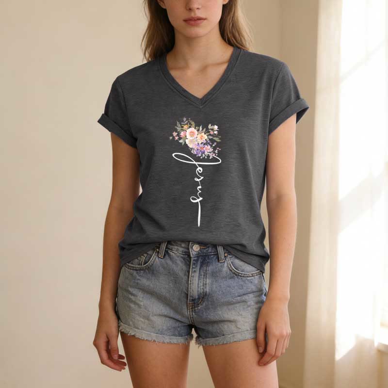 Christianartworkshop Jesus-T-Shirt mit kursivem Blumenmuster und V-Ausschnitt - image 21
