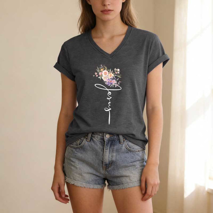 Christianartworkshop Jesus-T-Shirt mit kursivem Blumenmuster und V-Ausschnitt - image 21