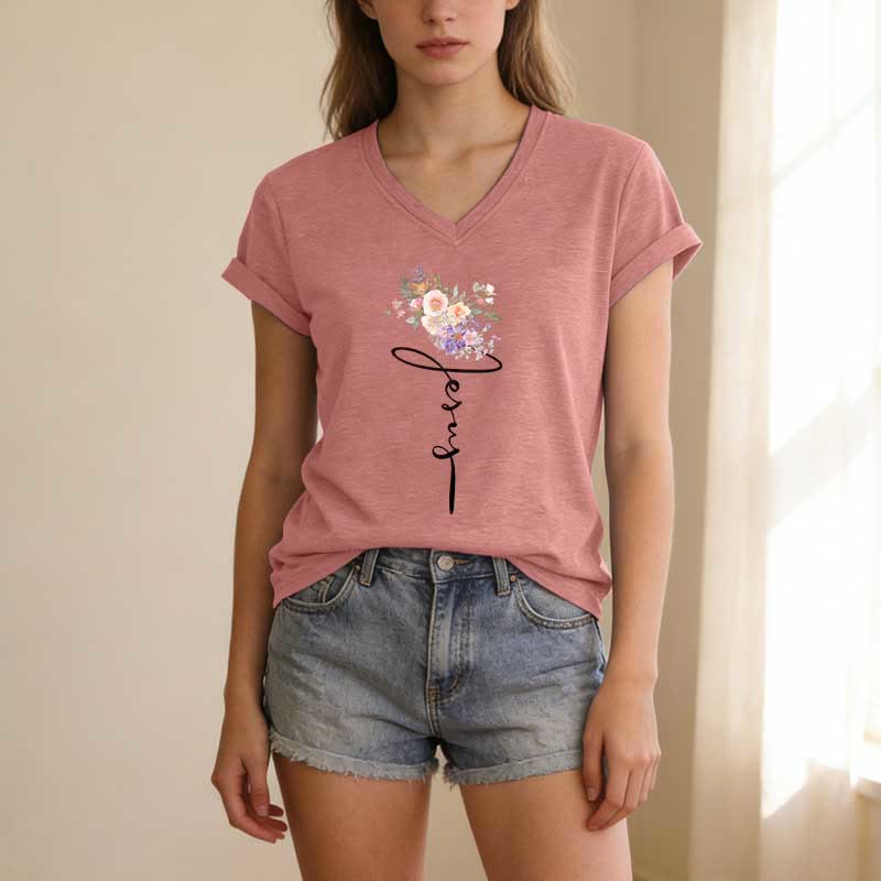 Christianartworkshop Jesus-T-Shirt mit kursivem Blumenmuster und V-Ausschnitt - image 11