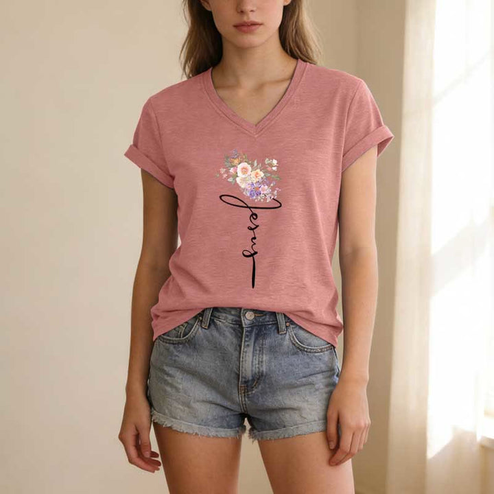 Christianartworkshop Jesus-T-Shirt mit kursivem Blumenmuster und V-Ausschnitt - image 11