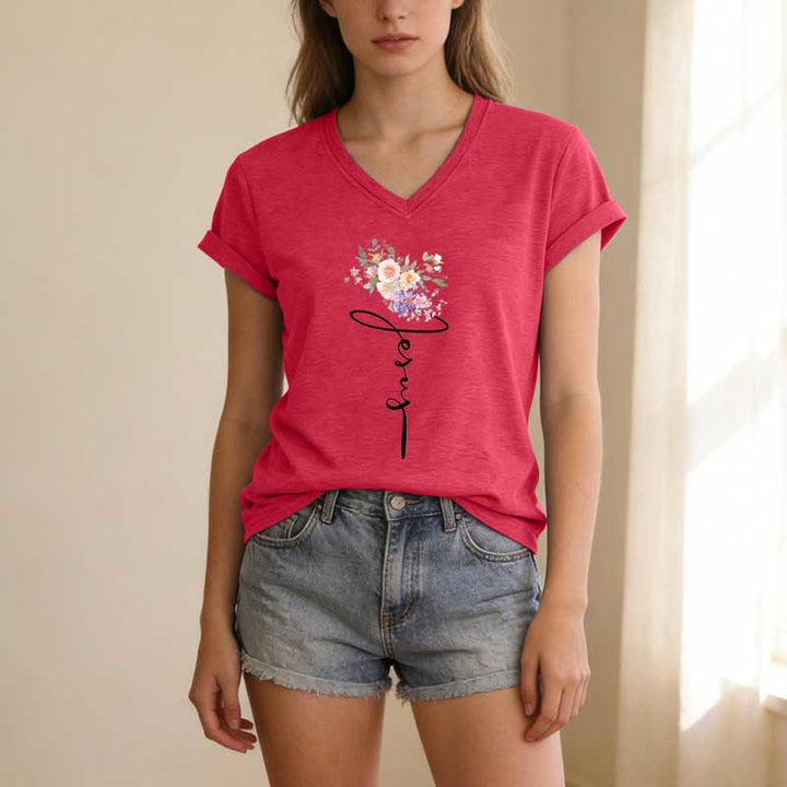 Christianartworkshop Jesus-T-Shirt mit kursivem Blumenmuster und V-Ausschnitt - image 23