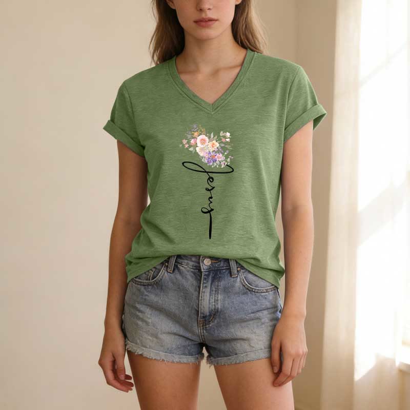 Christianartworkshop Jesus-T-Shirt mit kursivem Blumenmuster und V-Ausschnitt - image 1