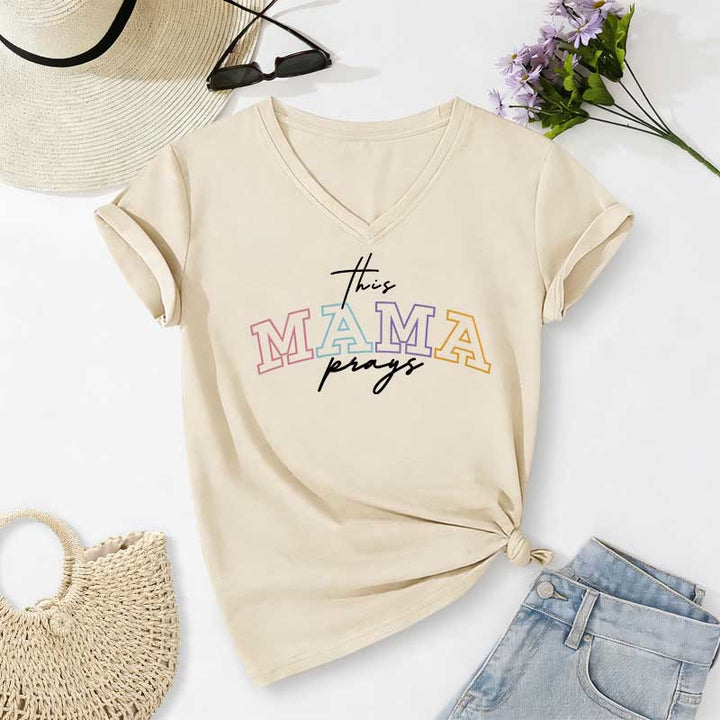 Christianartworkshop Dieses lässige T-Shirt mit V-Ausschnitt und dem Aufdruck „Mama Prays Cross“ - Beige - 2XL - image 0