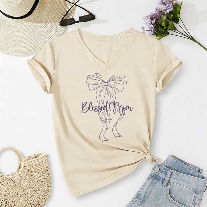 Christianartworkshop Lässiges T-Shirt mit Schleifenmotiv „Gesegnete Mama“ und V-Ausschnitt - Beige - 2XL - image 6