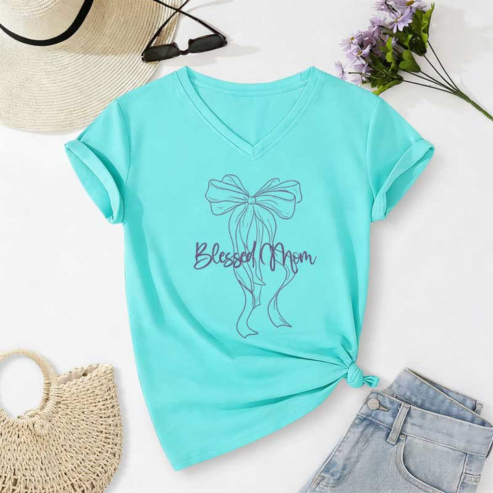Christianartworkshop Lässiges T-Shirt mit Schleifenmotiv „Gesegnete Mama“ und V-Ausschnitt - Himmelblau - 2XL - image 10
