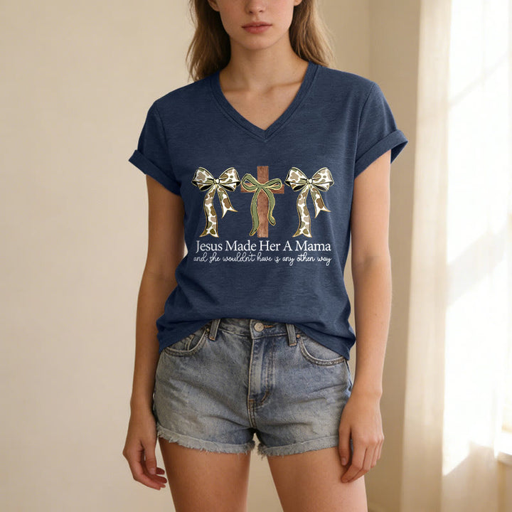 Christianartworkshop Jesus Made Her A Mama Cross Bow Casual V-Neck T-Shirt - image 19