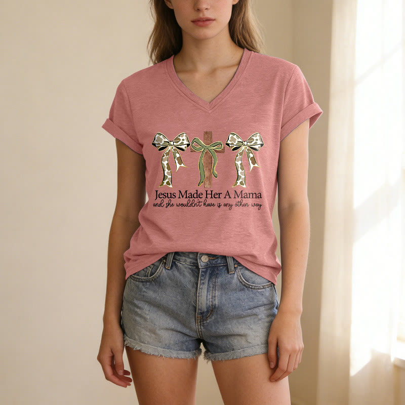 Christianartworkshop Jesus Made Her A Mama Cross Bow Casual V-Neck T-Shirt - image 11