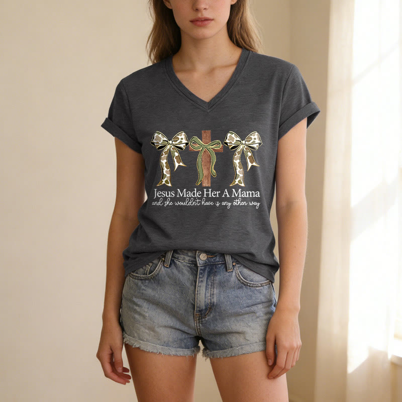 Christianartworkshop Jesus Made Her A Mama Cross Bow Casual V-Neck T-Shirt - image 21
